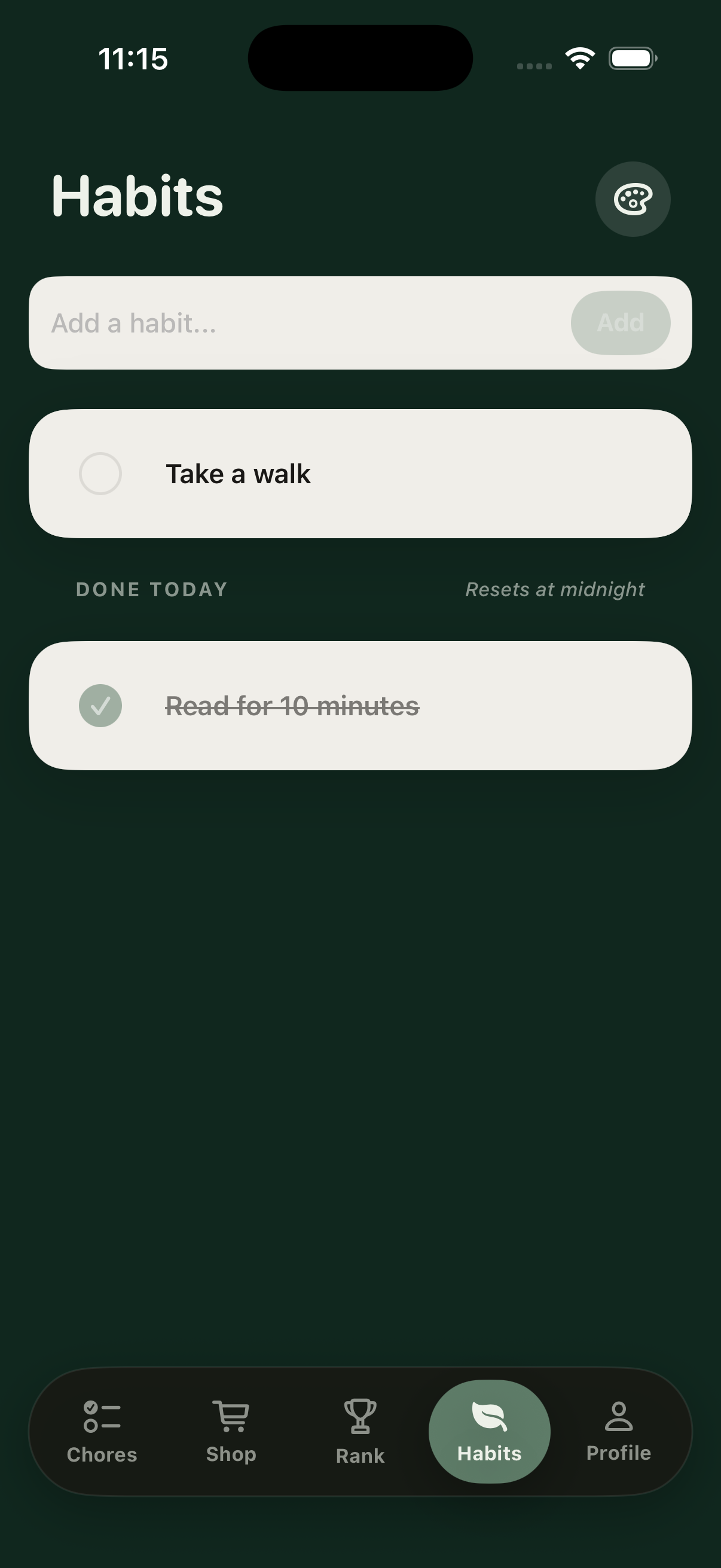 NestWork Habits screen showing a daily habit list.